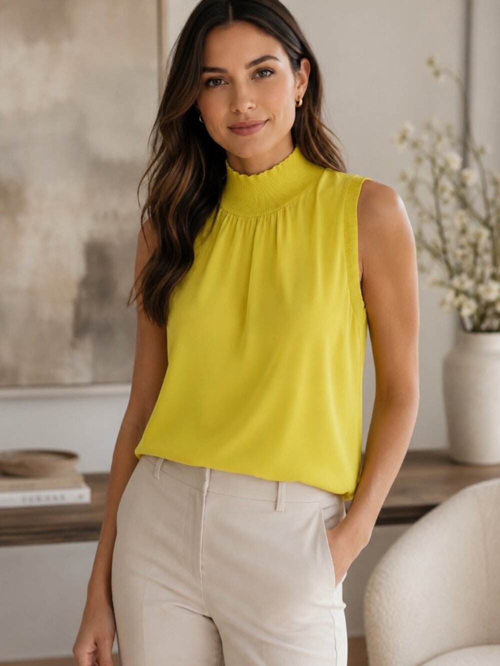Calvin Klein Ribbed Mock Neck Sleeveless Blouse Size XL Dill Flower Green Yellow
